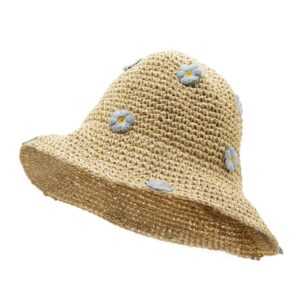 Slamnat klobuk bucket – Beige & Blue Flowers